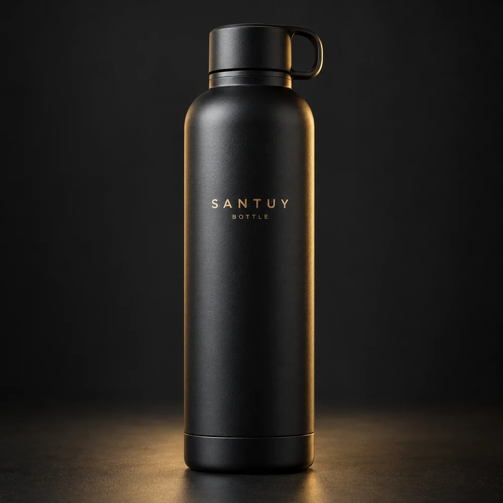 Ilustrasi konsep SANTUY BOTTLE berwarna hitam dengan tulisan emas